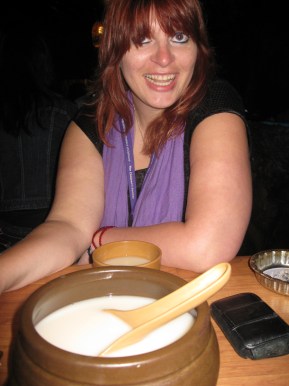 Me with a cauldron of dong dong ju in a cave bar, Busan South Korea.